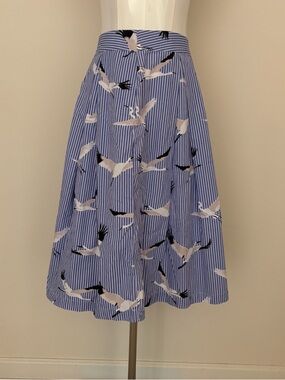 Blue and White Striped Pleated Midi Skirt with Cranes